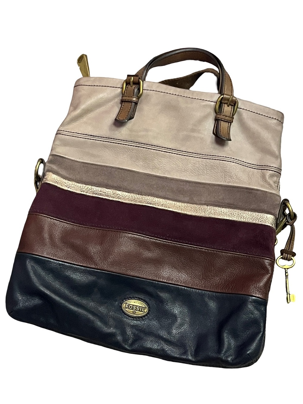 Fossil Explorer ZB5508 Leather Suede Patchwork Crossbody Tote Bag Multicolor